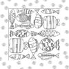 colouring book page with 14 assorted fish. The border is sketched polk a dots.