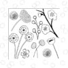 colouring book page with 9 assorted flowers. The background is polk a dots drawn with dotted outlines.