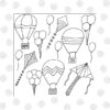 colouring book page with 3 kites and 3 hot air balloons and 6 groups of balloons. The boarder is spirals.