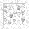 colouring book page with 15 owls interspersed with clouds. The boarder is made up of triangles with a double outline.