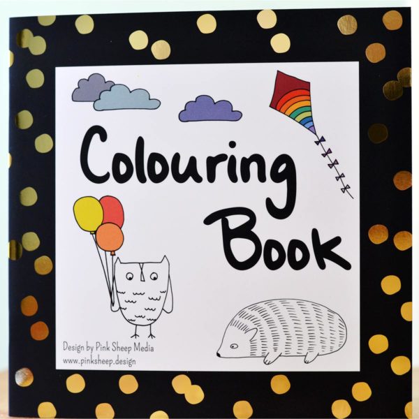 Colouring book cover black border with gold dots